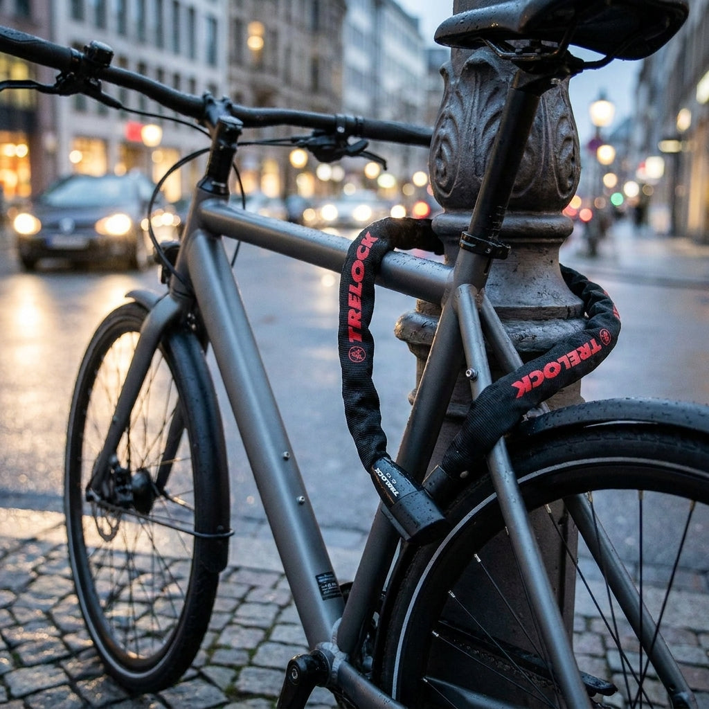 Trelock Kettenschloss BC 115/110/4 schwarz sichert ein graues Fahrrad an einem Laternenpfahl auf regennasser Straße.