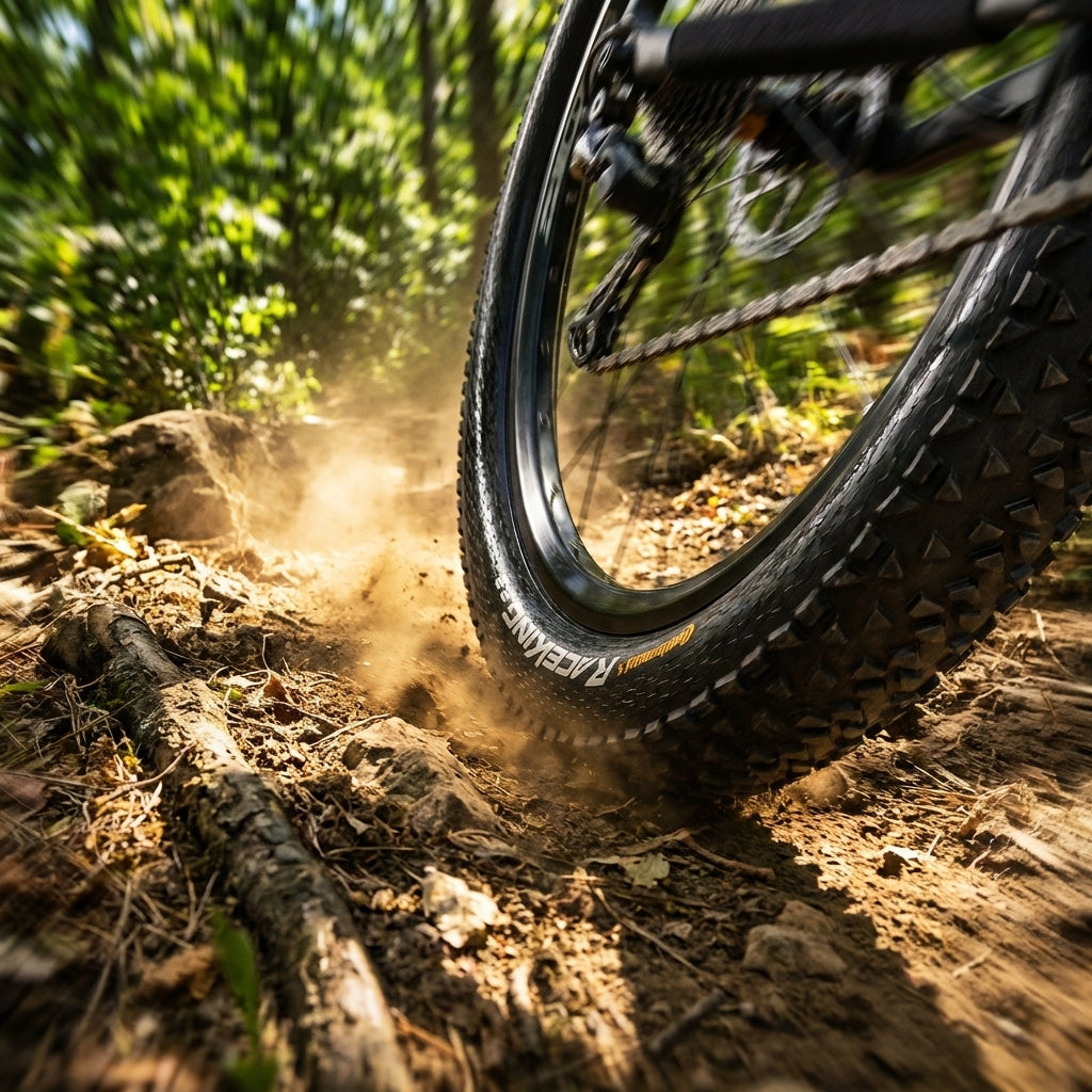 Continental Race King II 29 Zoll Mountainbike Reifen auf staubigem Trail, Performance Offroad.