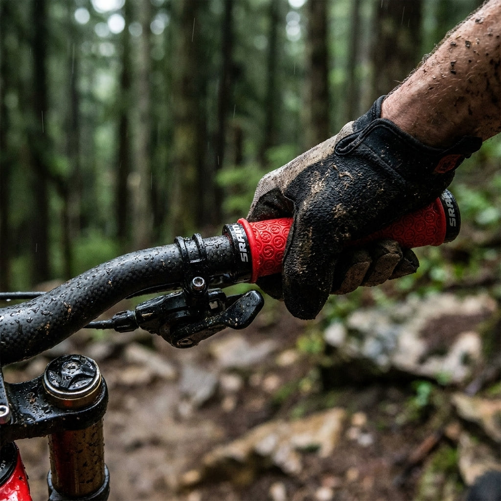 Rote SRAM DH Lockring Griffe mit Doppelklemmung am Mountainbike Lenker im schlammigen Wald.