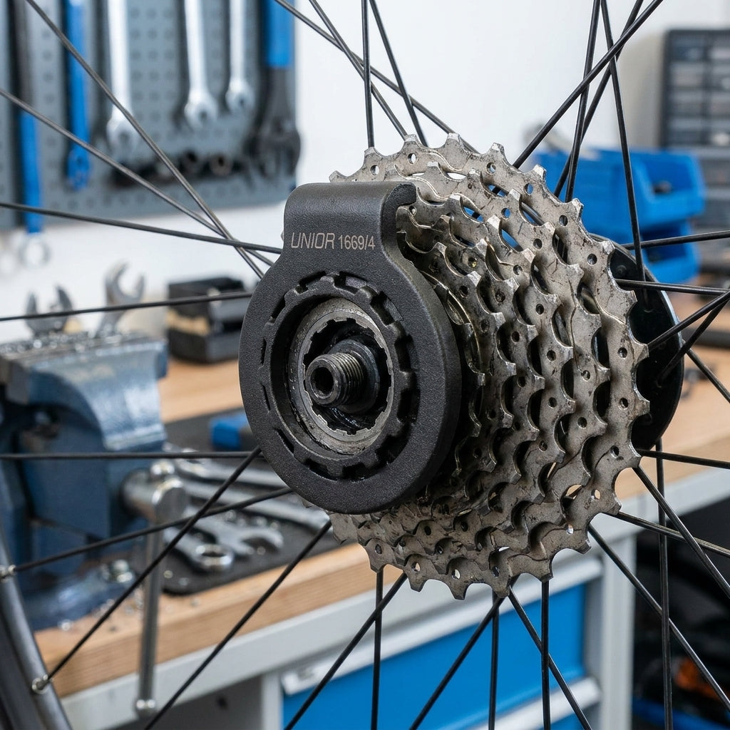 Unior 1669/4 Zahnkranzabnehmer und Speichenschlüssel an Fahrradkassette auf Hinterrad montiert.