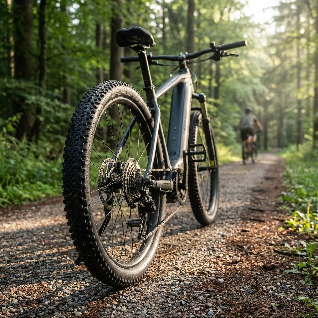 Schwalbe Advancer Hybrid 54-622 Schwarz Reifen am E-Bike auf Gravelweg im Wald. Leiser SUV-Fahrradreifen mit Pannenschutz.