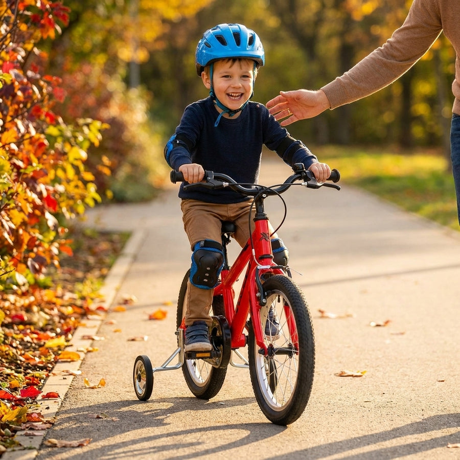 XLC Stützräder TW-S01 am roten Kinderfahrrad, glückliches Kind lernt Radfahren mit Helm und Schutzausrüstung.