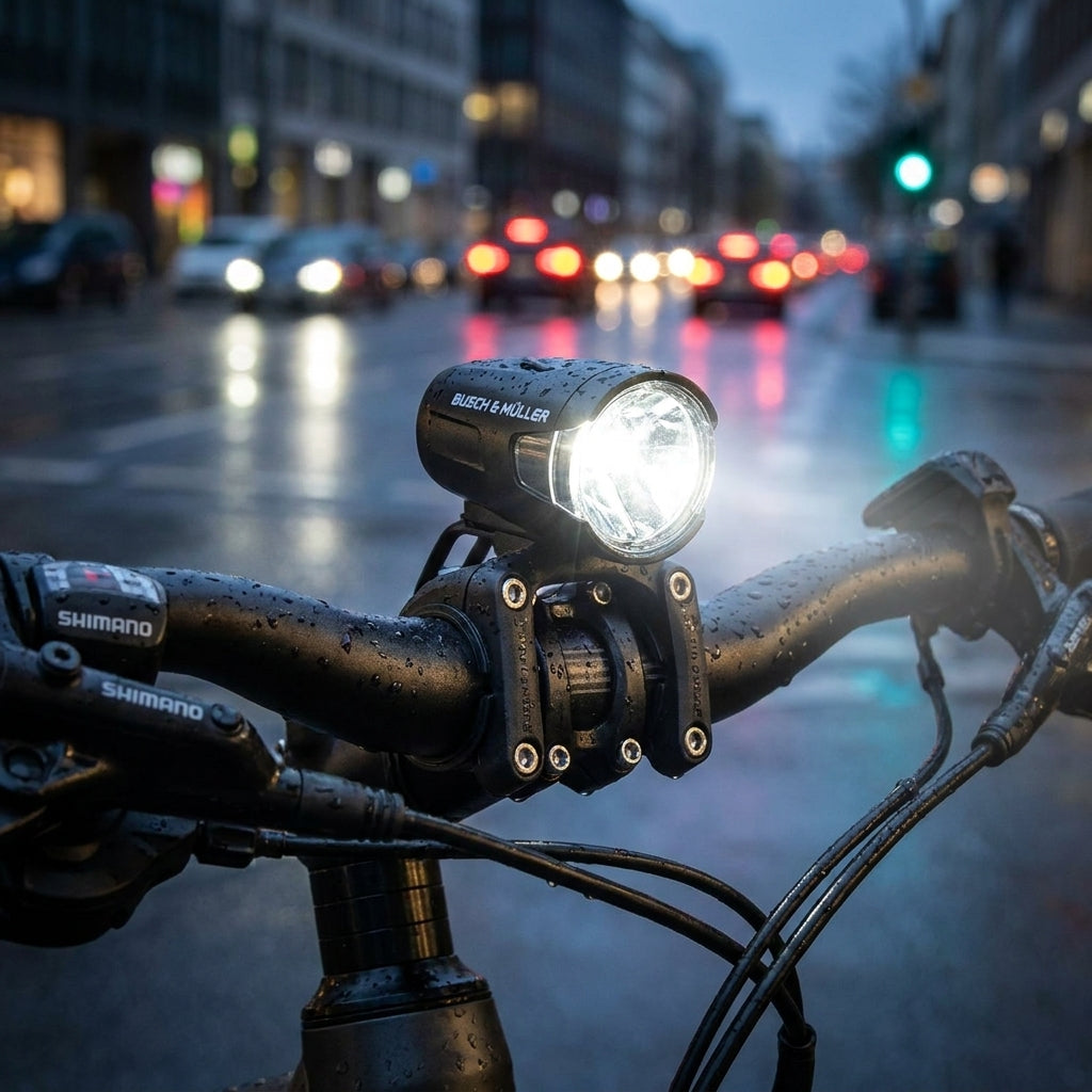 Busch & Müller Bumm Scheinwerfer mit Halterung am Fahrradlenker, Shimano-Komponenten, nass in der Stadt.