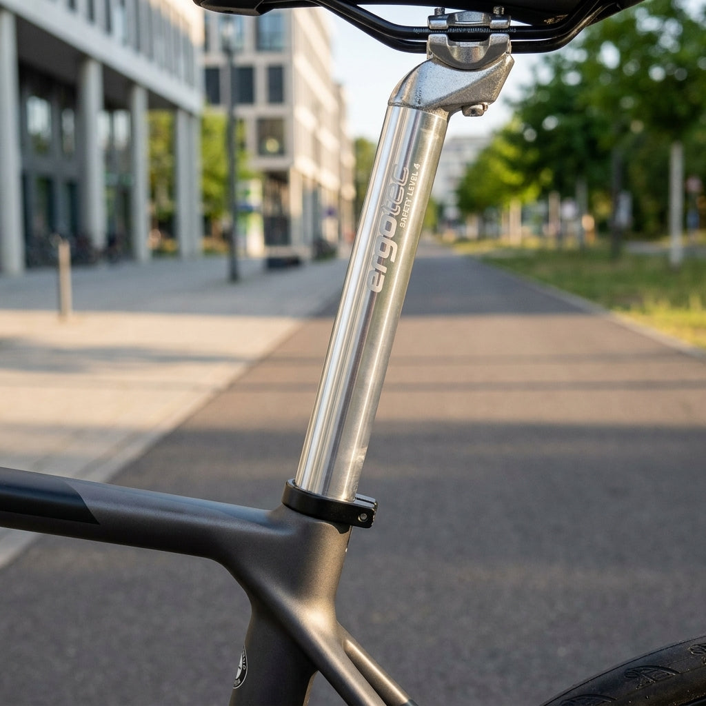 Silberne Ergotec Patentsattelstütze aus Aluminium, Ø 26,0mm, am Fahrrad montiert, mit Ergotec SAFETY LEVEL 4 Logo.