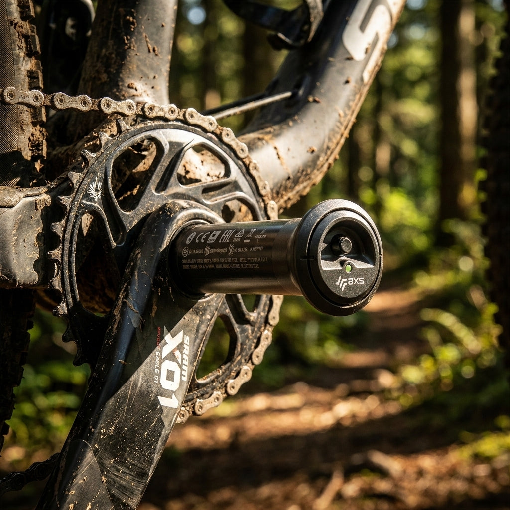 SRAM DUB Flight Pedalsensor für X01/XX1 an schmutziger Mountainbike-Kurbel im Wald.