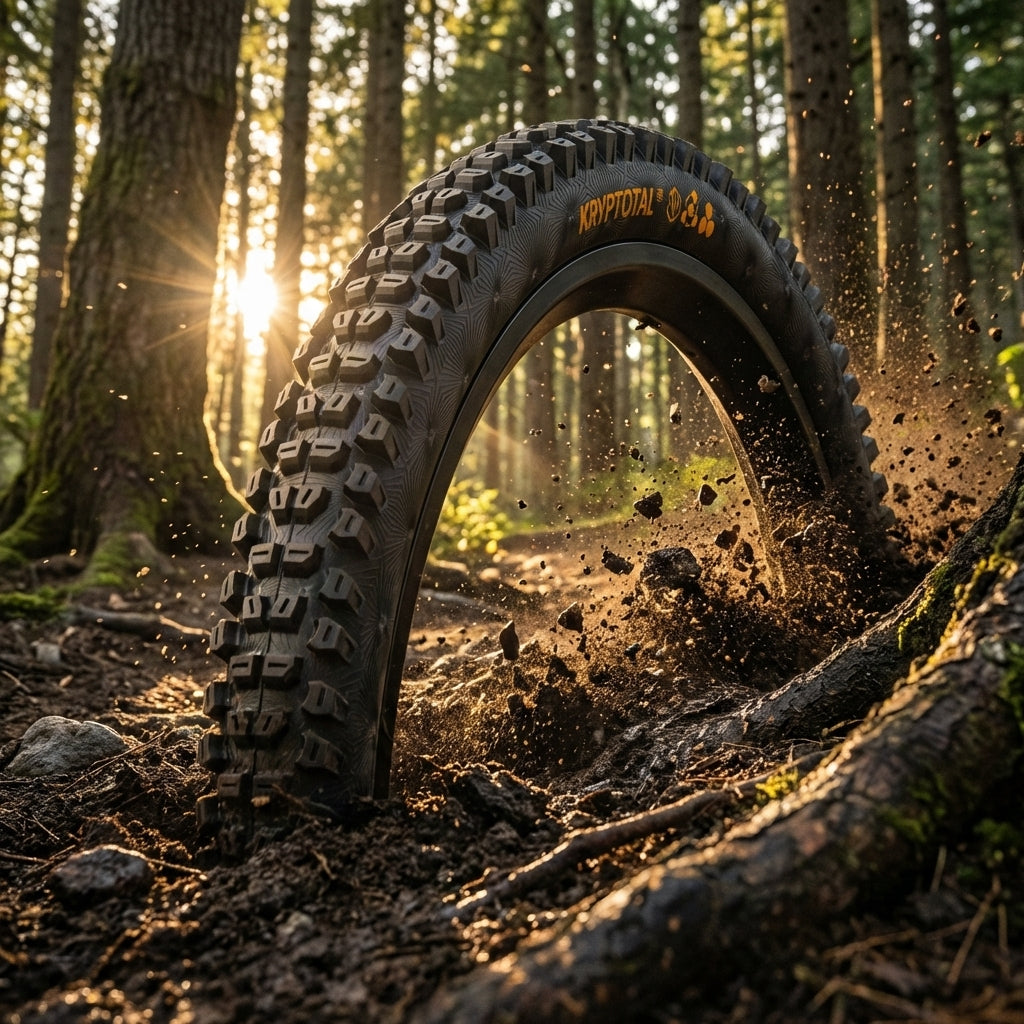 Continental Kryptotal Mountainbike Reifen im Wald, dreckspritzend, für Trail & Enduro Hinterrad.