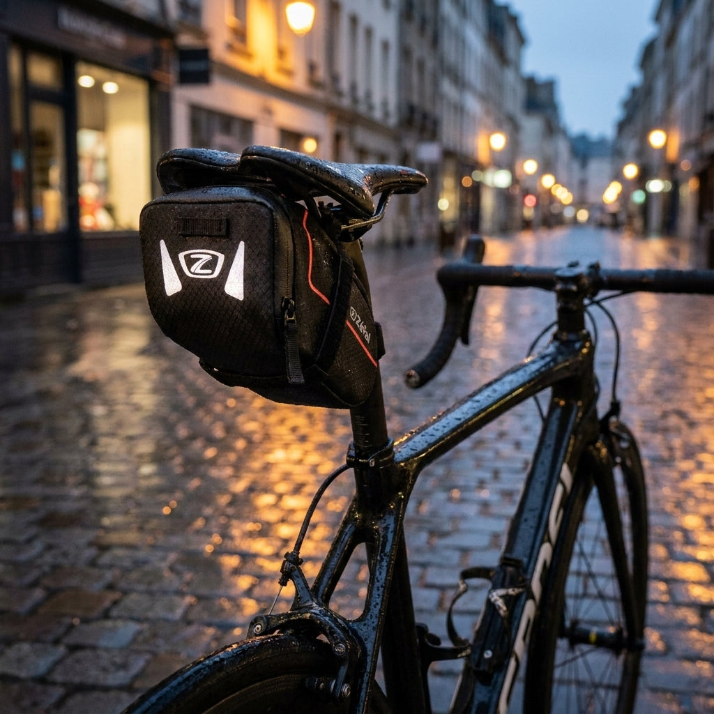 Zefal Satteltasche Z Light Pack schwarz Gr M 0,9l am Rennrad auf nasser Kopfsteinpflasterstraße bei Abend.