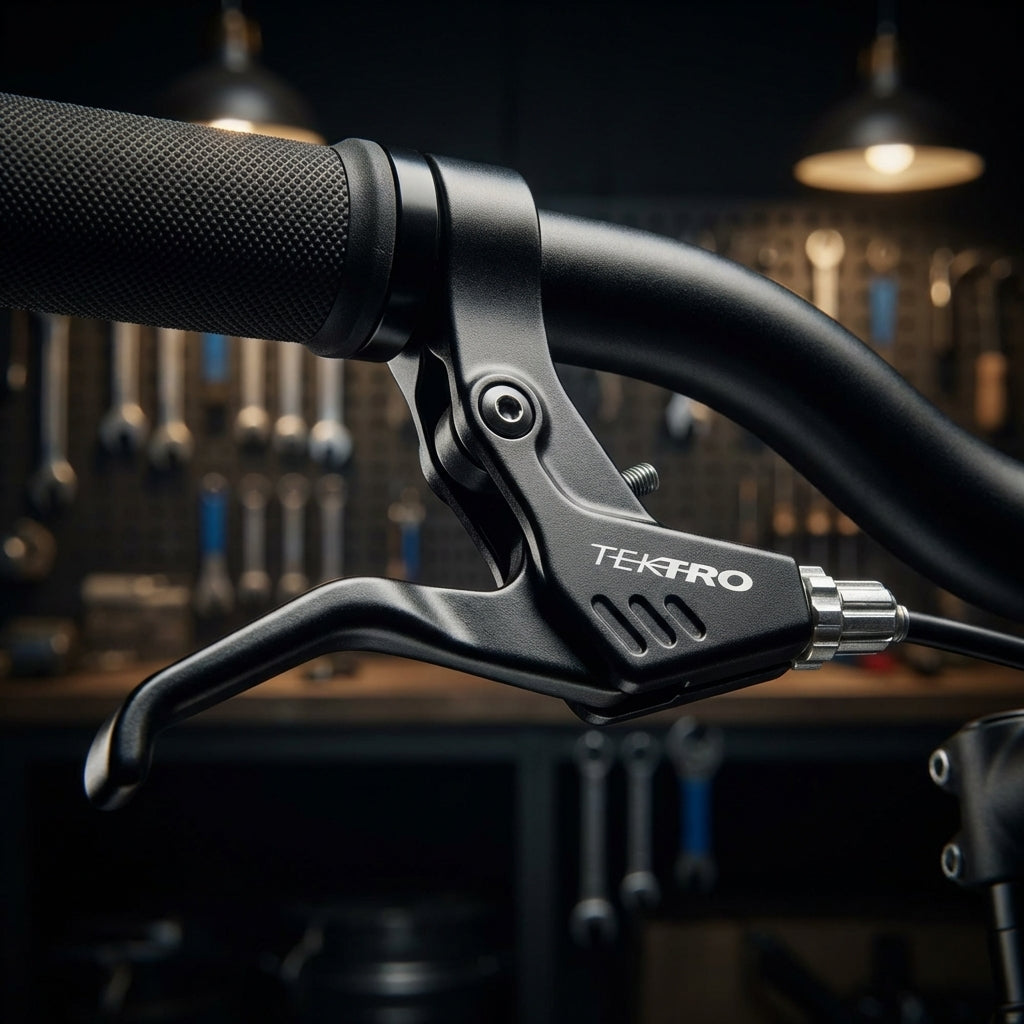 Tektro Bremshebel RS 360-A Alu, schwarz, links am Fahrradlenker in einer Werkstatt.