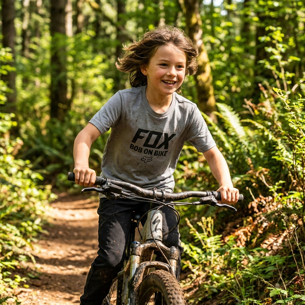 FOX Bob On Bike Youth T-Shirt grau. Kinder T-Shirt mit Fahrrad-Motiv für Sport, Freizeit & Schule. Bequem und langlebig.