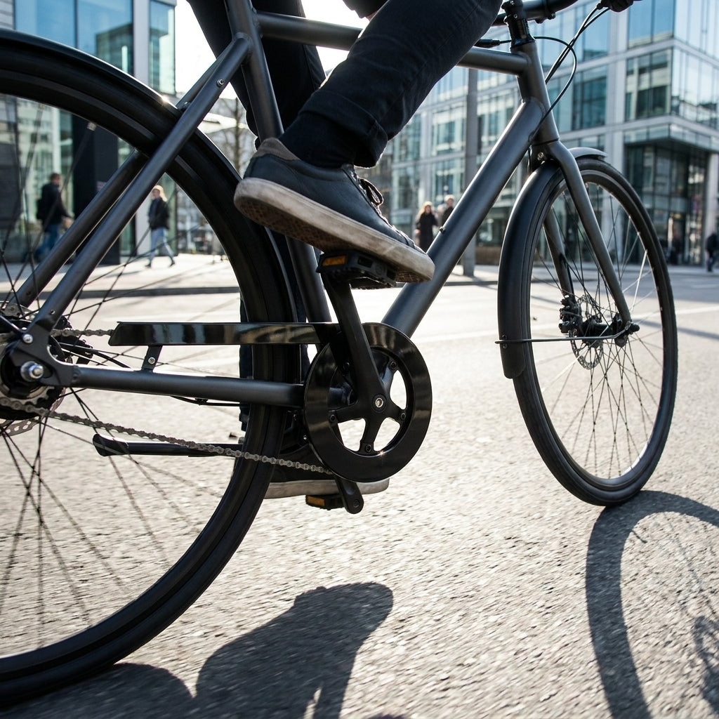Herrmans Kettenschutz Slyde 38 Zähne schwarz matt am Fahrrad beim Fahren in der Stadt.