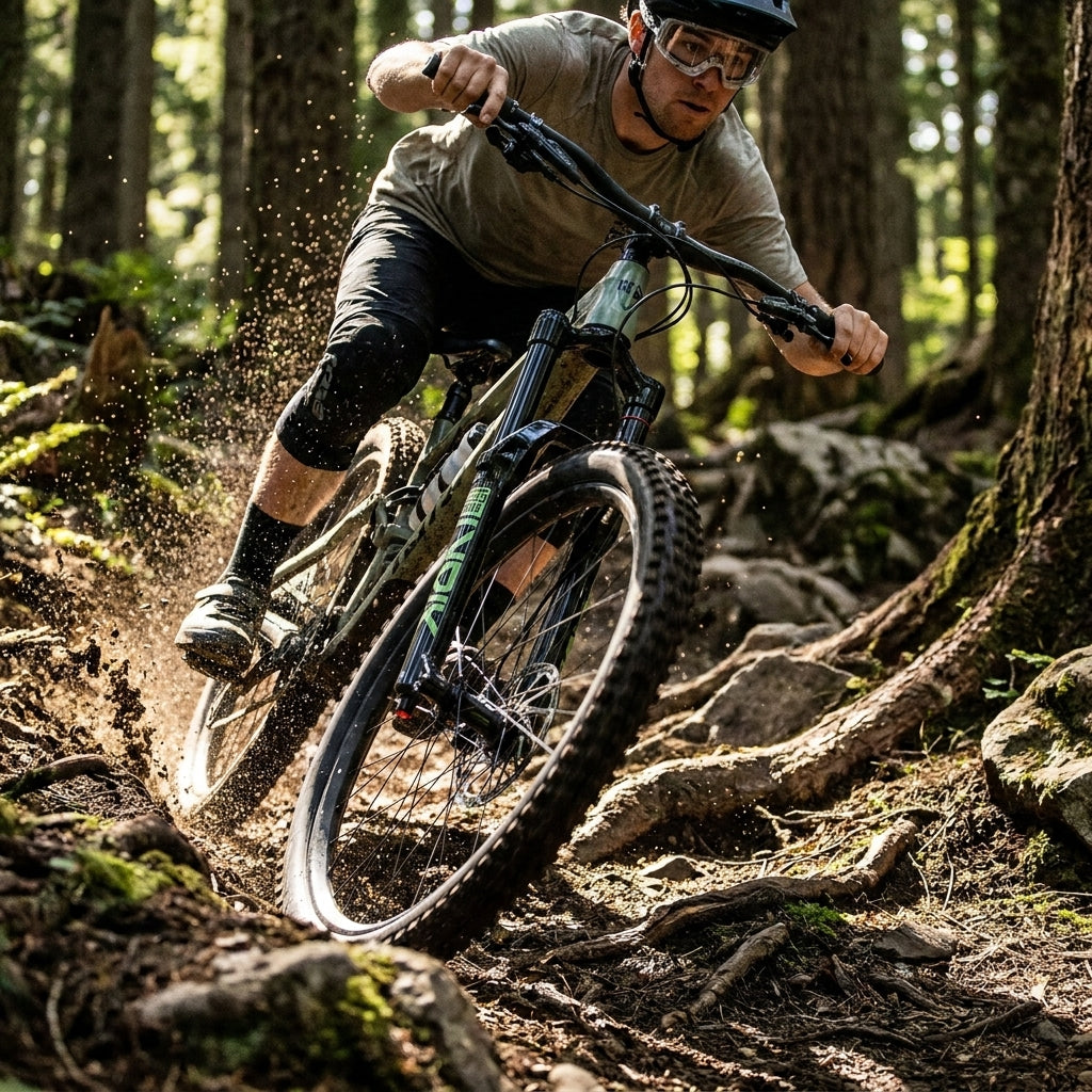 Mountainbiker mit RockShox Lyrik Ultimate Federgabel in Action auf einem bewurzelten Waldtrail, Schlamm spritzend.