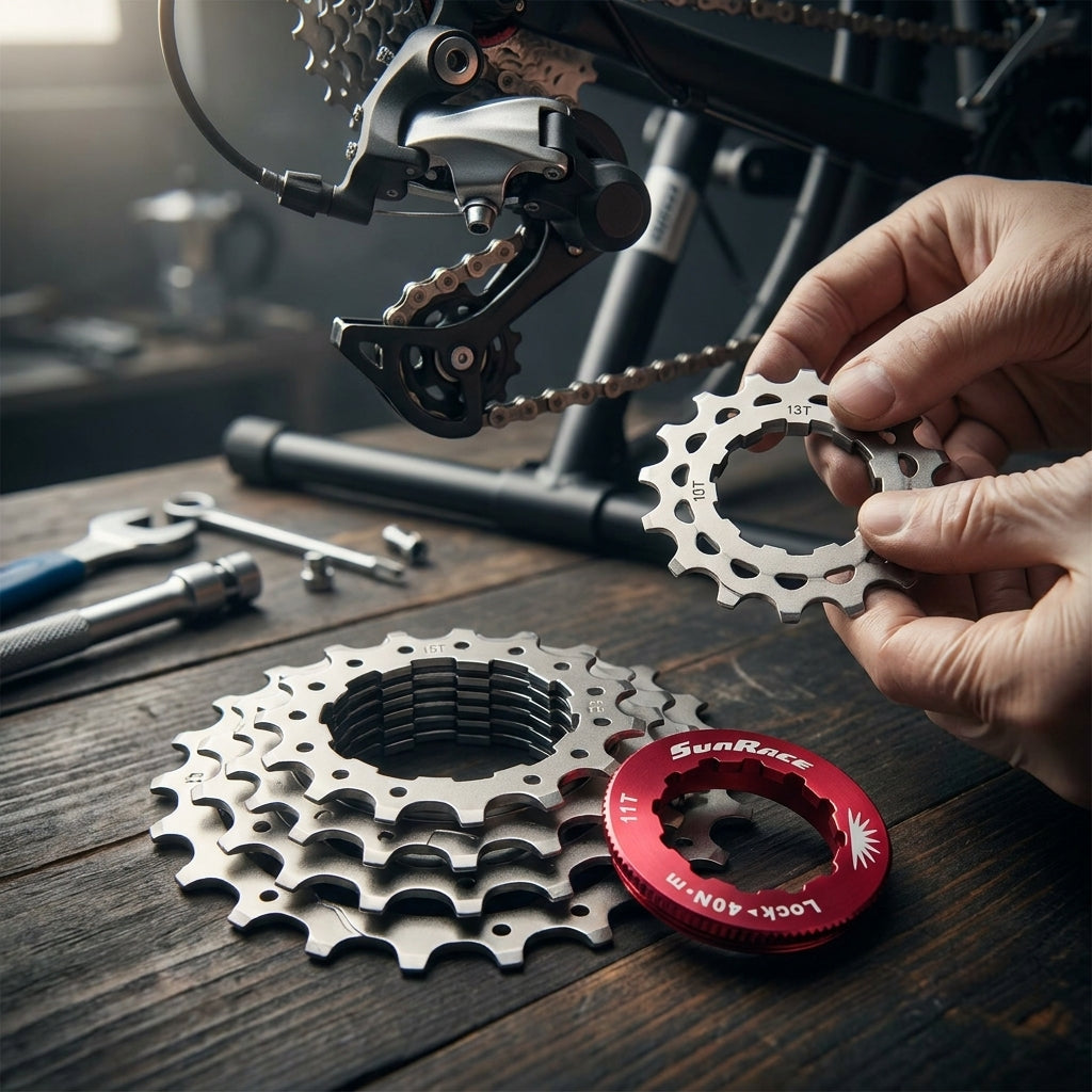 Hände montieren SunRace SPCS10 10-fach Ersatzritzel-Set 11-13-15 Zähne silber mit rotem Lockring für Shimano HG.