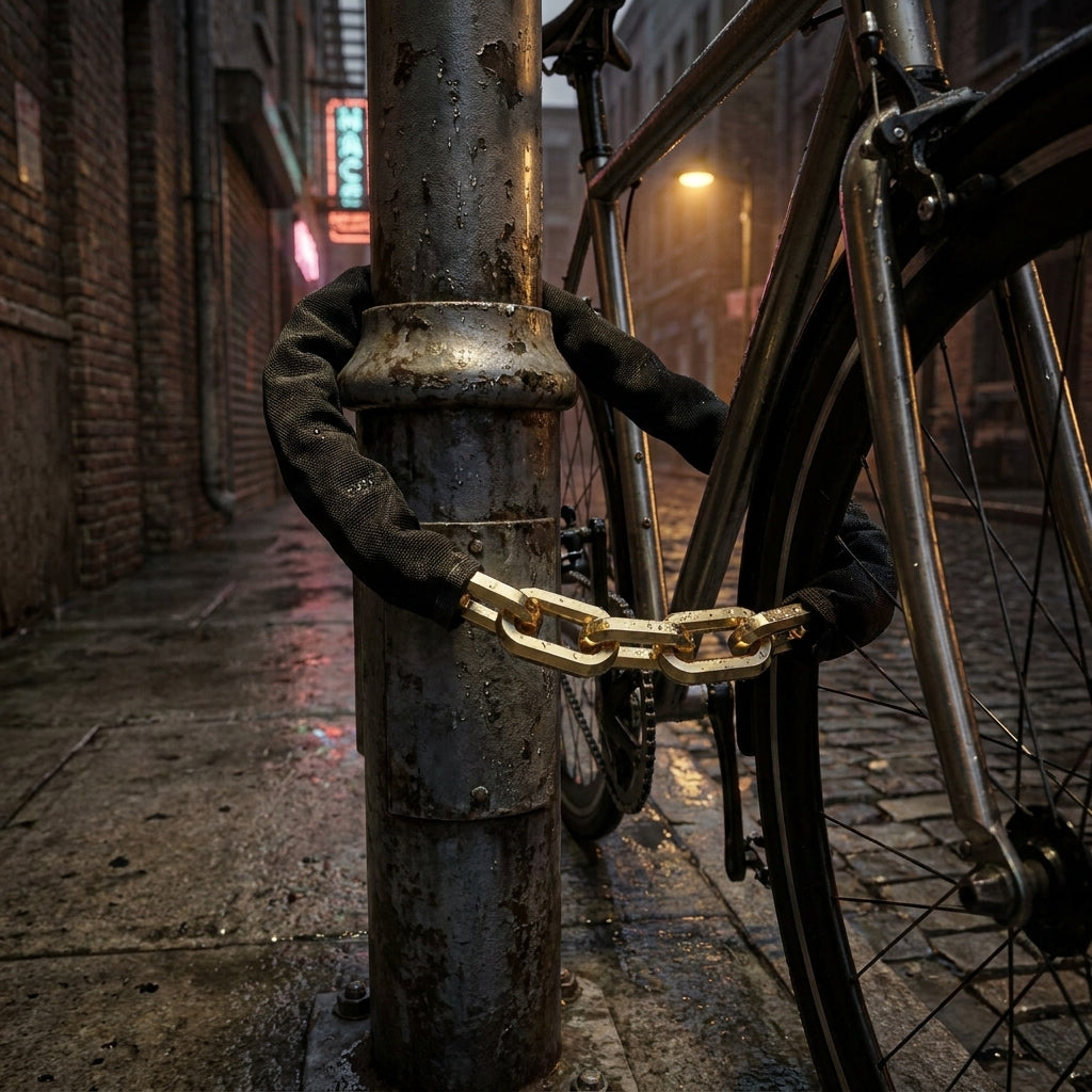 Onguard Revolver 8184 Ketteneinheit: Goldene Kette sichert Fahrrad an Laternenpfahl bei Regen.