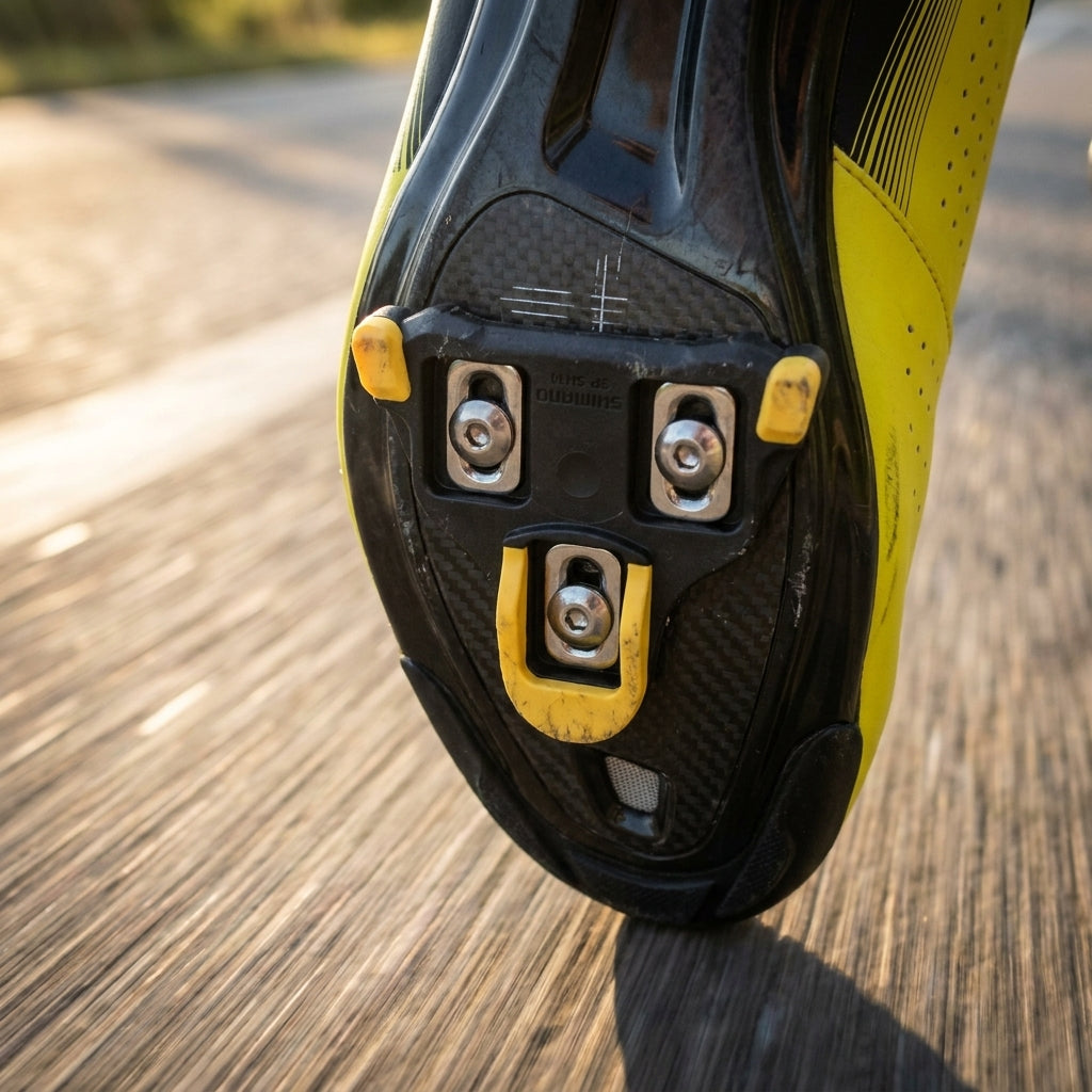 SHIMANO SM-SH11 SPD-SL Schuhplatten gelb mit 6° Bewegungsfreiheit an gelbem Radschuh auf der Straße.