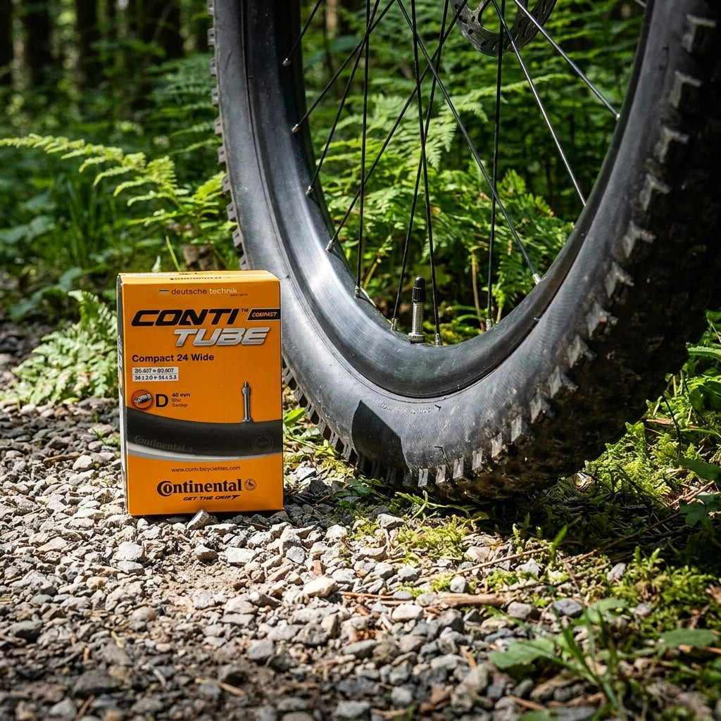 Continental Conti Compact 24 wide Schlauch (24 Zoll, DV 40mm) neben Mountainbike-Rad auf Waldweg.