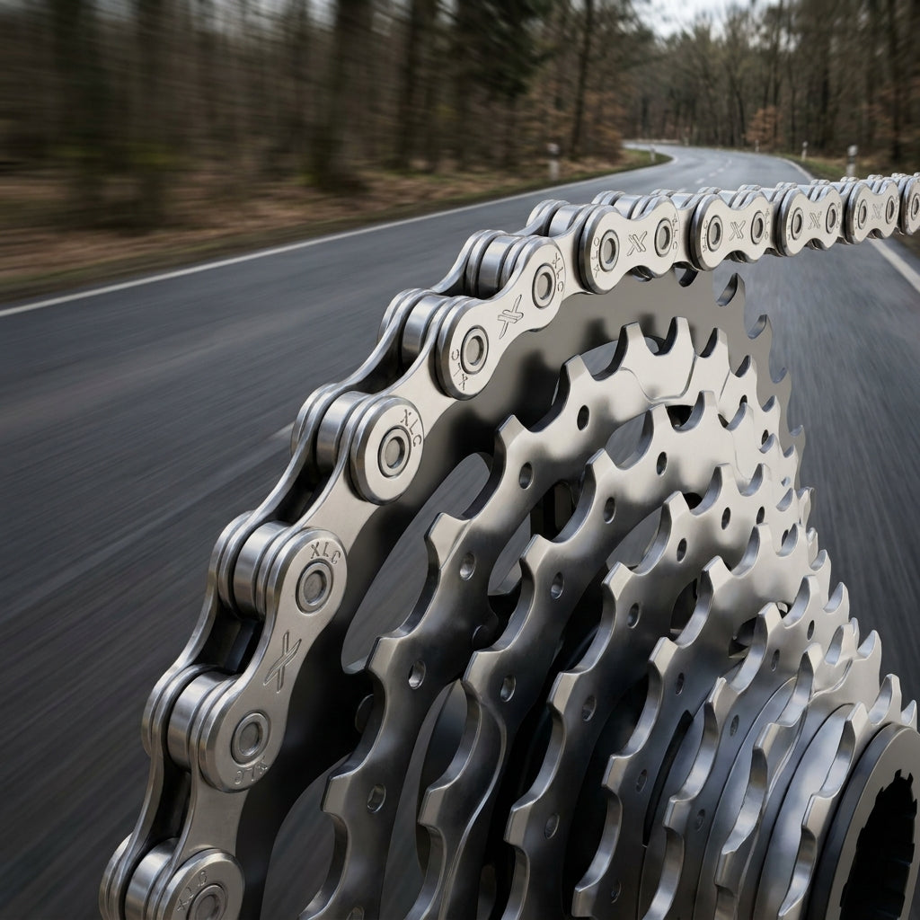 XLC Kette CC-C12 11-fach silber mit Fahrradkassette auf einer bewegten Straße.