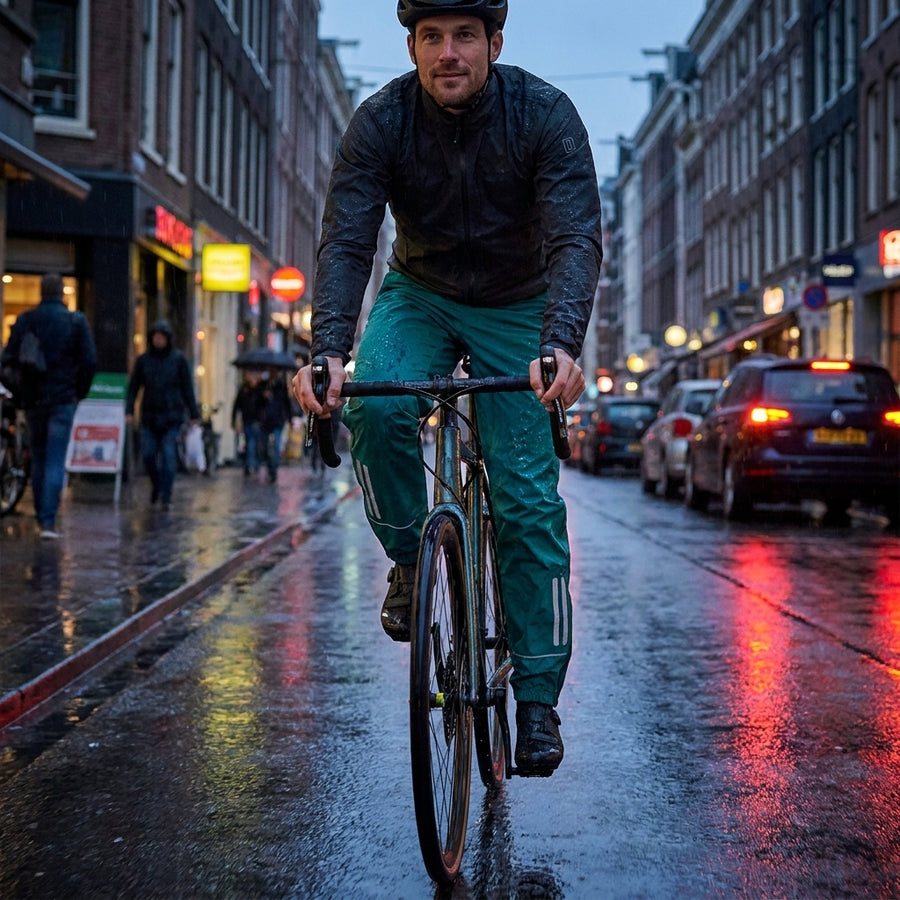 Basil Skane Herren-Regenhose teal green, wasserdicht und reflektierend, an Radfahrer im Regen.