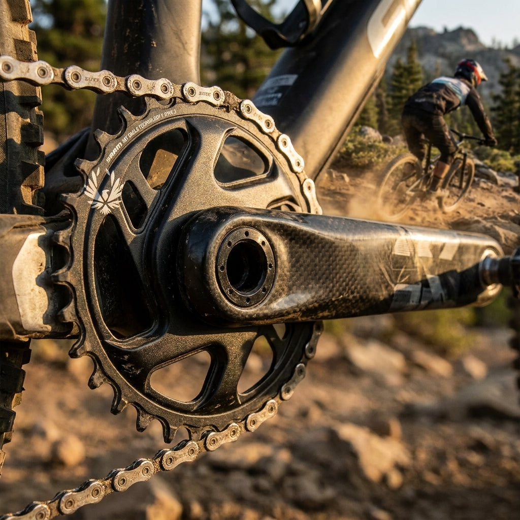 SRAM X-Sync Eagle 30T Direct Mount Kettenblatt am Mountainbike, sorgt für leisen, effizienten Antrieb.
