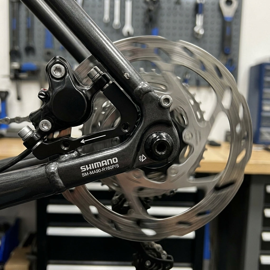 SHIMANO Scheibenbremsadapter Hinten PM IS 160mm am Fahrrad, Detail mit drehender Bremsscheibe.