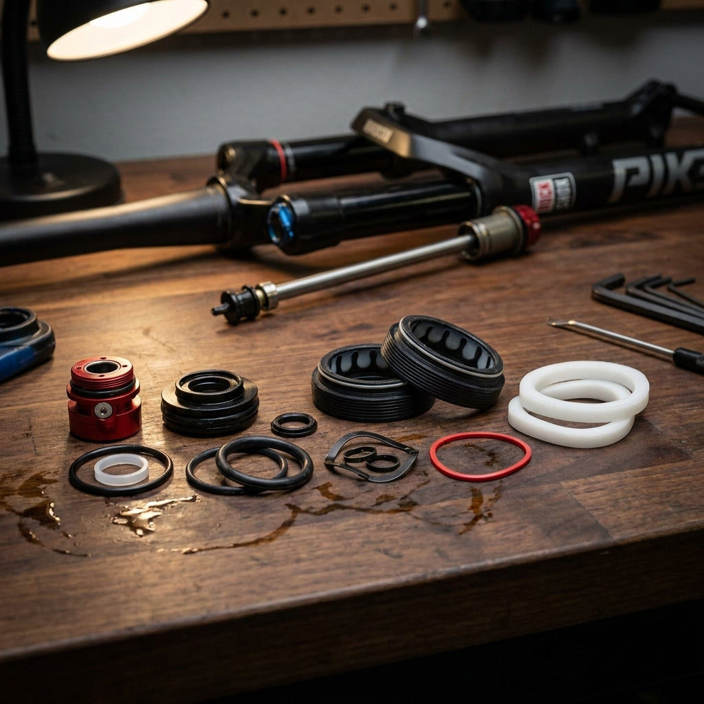 RockShox Pike Federgabel Service-Kit: Dichtungen, O-Ringe und Kleinteile zur Wartung auf Holztisch ausgelegt.