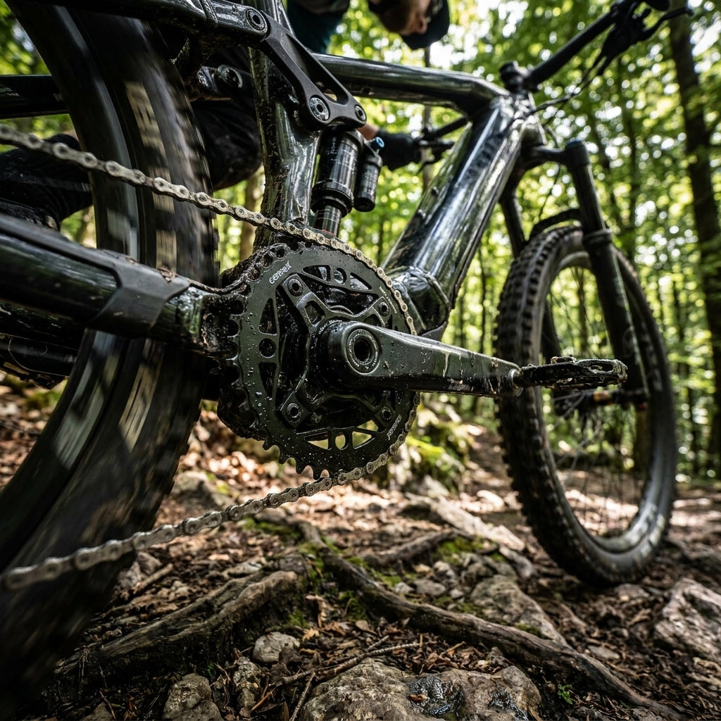 ConneX E-Bike Kettenblatt 42 Zähne Narrow Wide am E-Mountainbike auf wurzeligem Waldweg, präzise Schaltleistung.