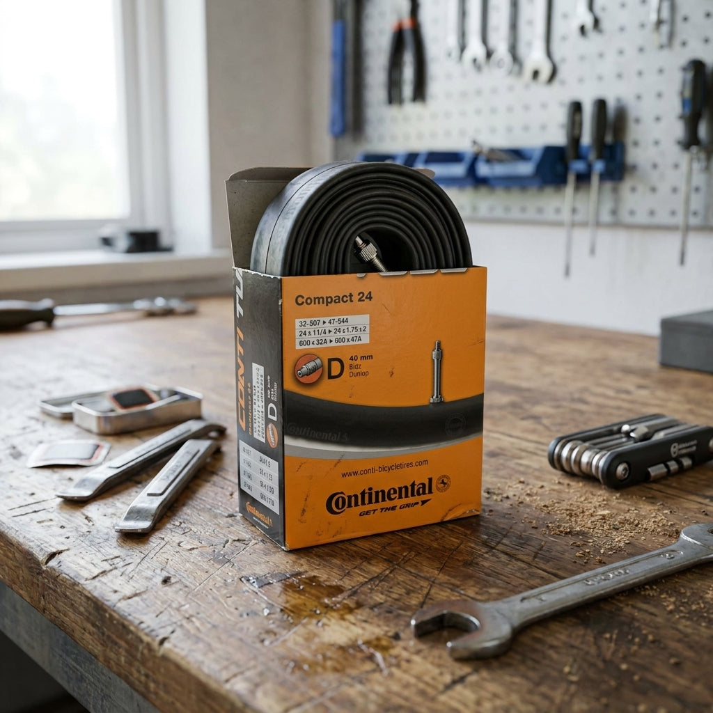 Continental Schlauch Compact 24, 24x1 1/4-1.75", DV 40mm, auf Werkbank mit Fahrradreparatur-Werkzeugen.