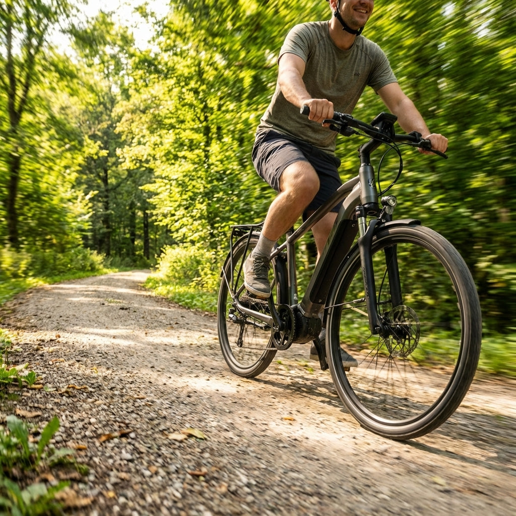 Mann fährt E-Bike mit Velo-Fit E1 Sattel Größe L auf Waldweg im grünen Wald.