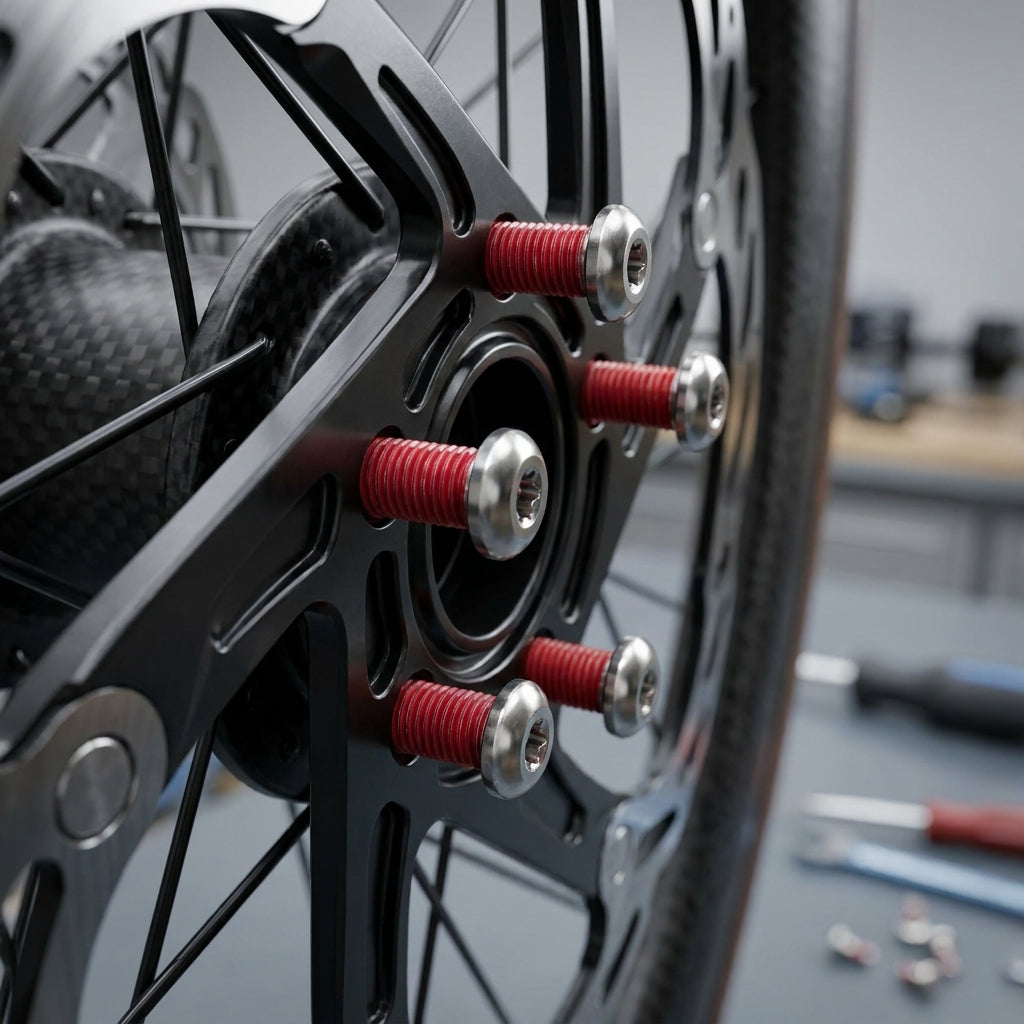 Rote SRAM Titan T25 Schrauben für Scheibenbremsen am Fahrrad, leichte und stabile Montage am Rotor.