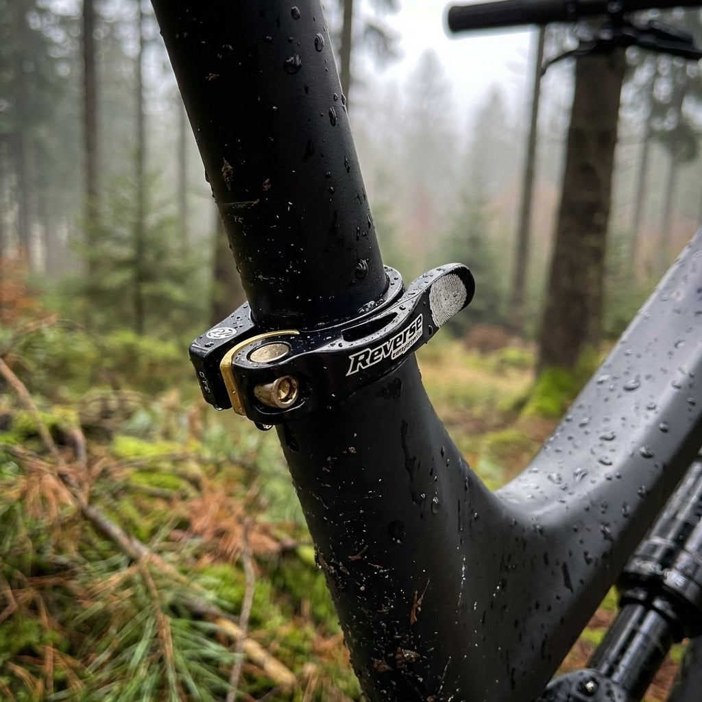 Reverse Sattelklemme Long Life 34,9mm schwarz mit Schnellspanner am nassen Mountainbike im Wald.