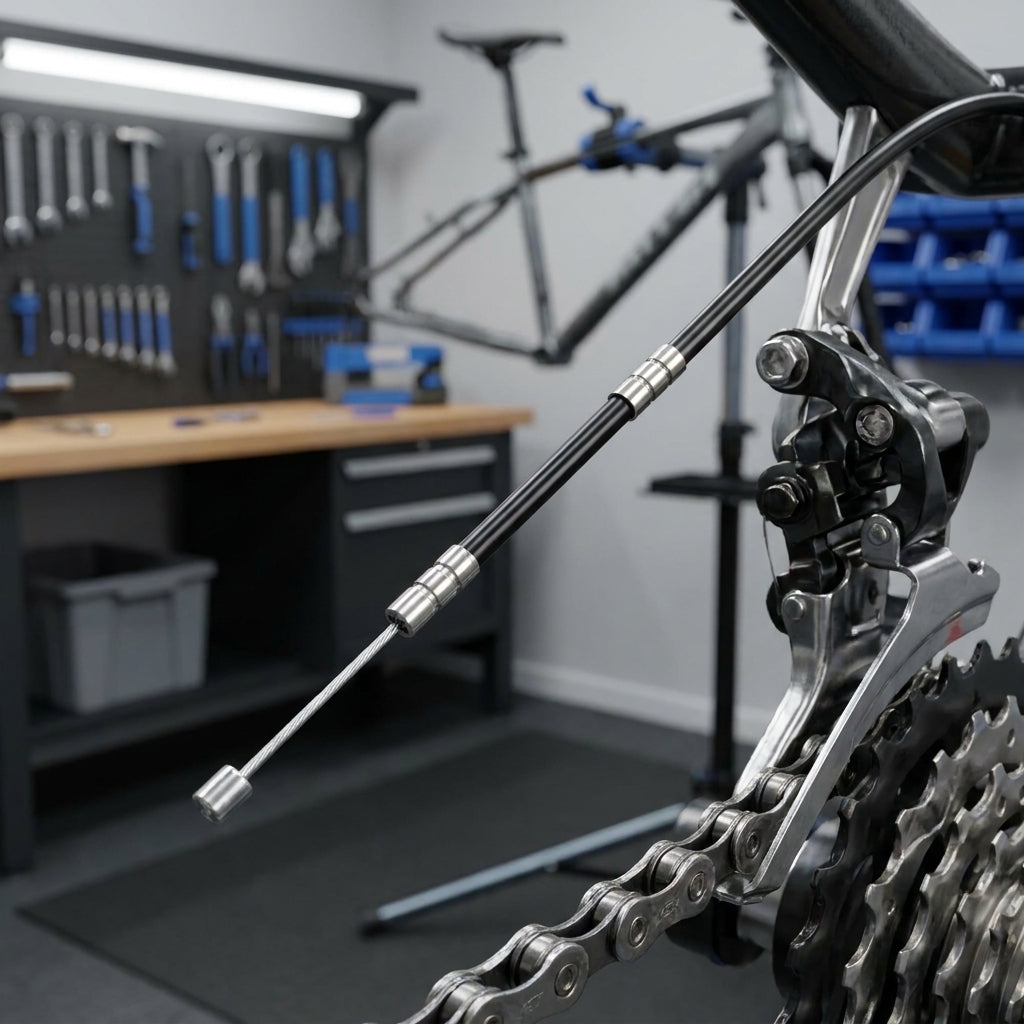 Diverse Schaltzug-Komplett-Set mit Nippel 4,5x4,5mm am Fahrrad. Hochwertiger Fahrradschaltzug in einer Werkstatt-Umgebung.