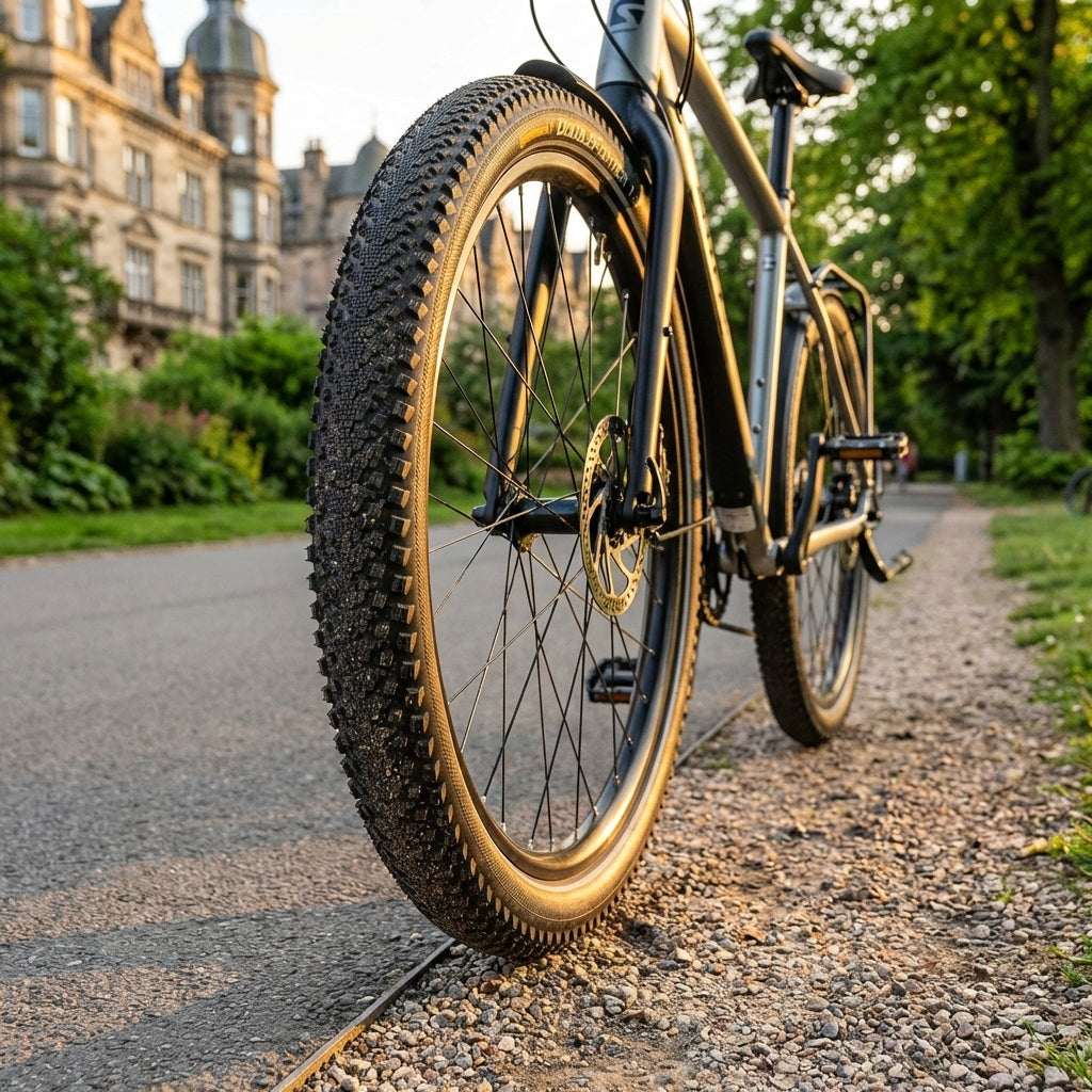 Continental Double Fighter III 27.5x2.00" schwarz Reflex Fahrradreifen auf einem Bike am Wegesrand.