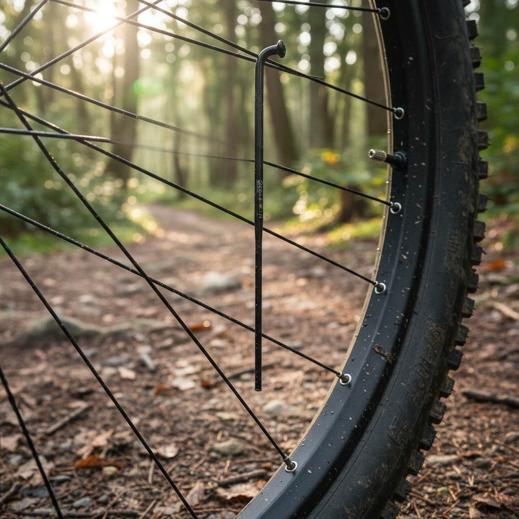 DT Swiss Alpine III Speiche schwarz, robust für E-Bike & Tandem, an Fahrradfelge auf Waldweg im Sonnenlicht.