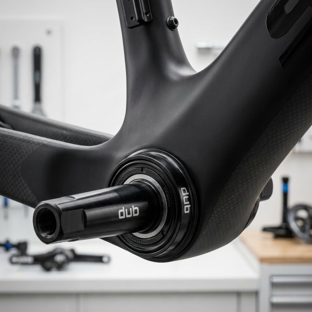 SRAM DUB Innenlager BB30 68/73mm in schwarzem Carbon-Fahrradrahmen montiert.