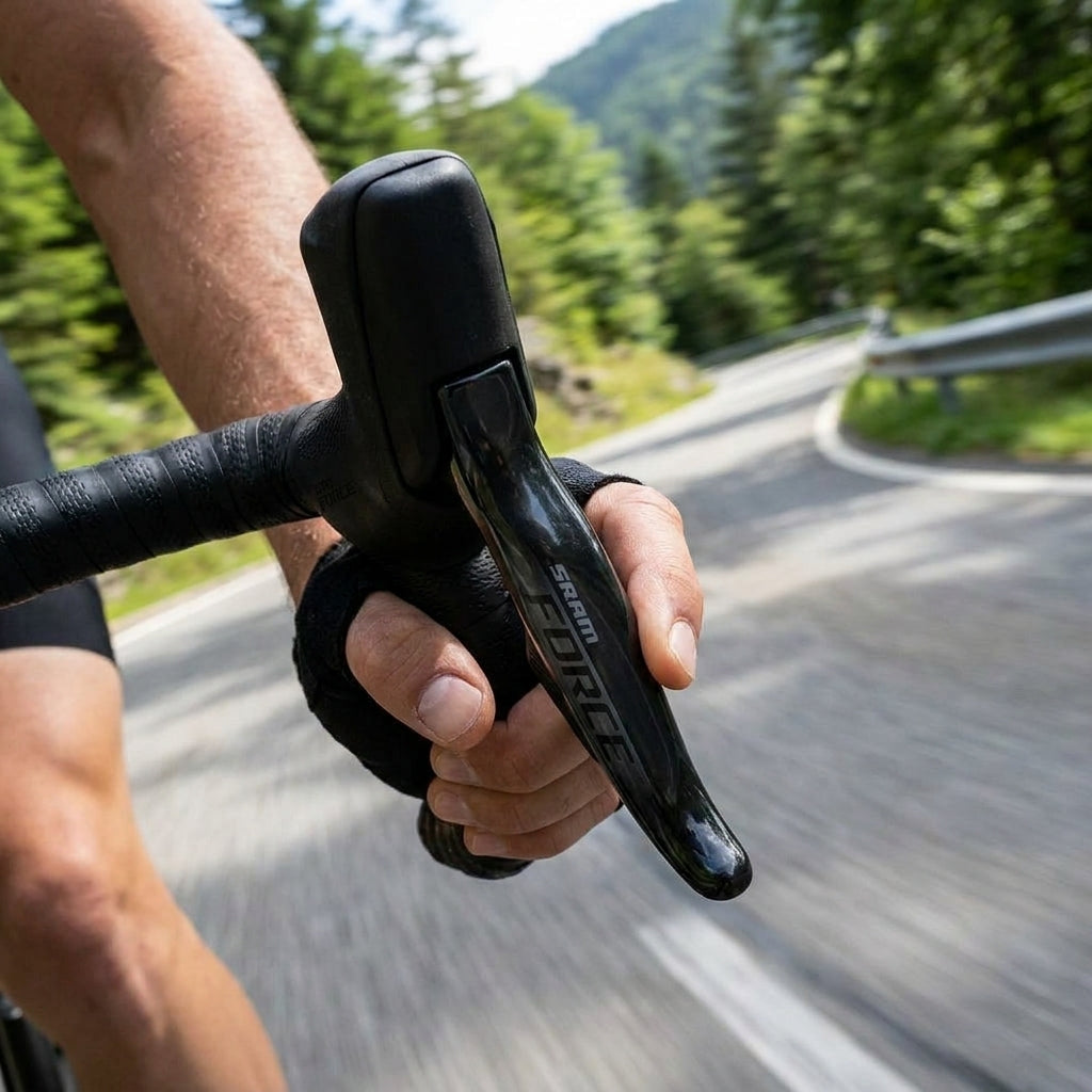SRAM Force AXS Schalt- und Bremseinheit E1 hinten am Rennrad Lenker für maximale Kontrolle und Sicherheit.