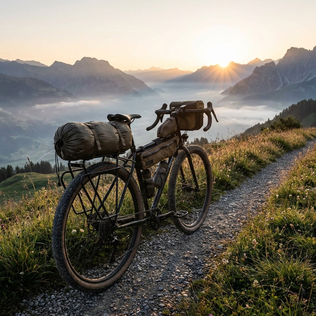 Schwarzer Tubus Logo Classic Gepäckträger 29 Zoll am Trekkingrad auf Schotterweg in Berglandschaft.