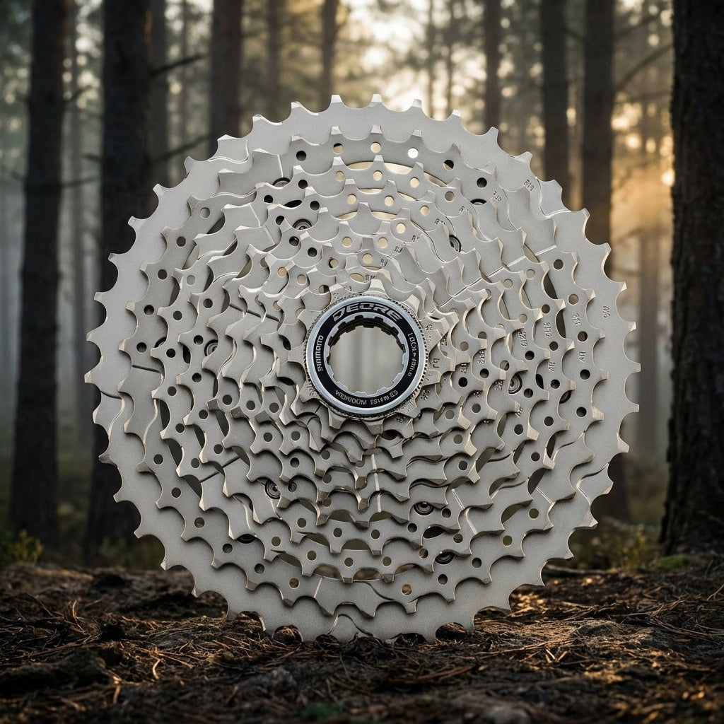 Robuste SHIMANO DEORE CS-M4100 10-fach 11-42Z MTB Kassette, silber, auf Waldboden im Licht der Sonne