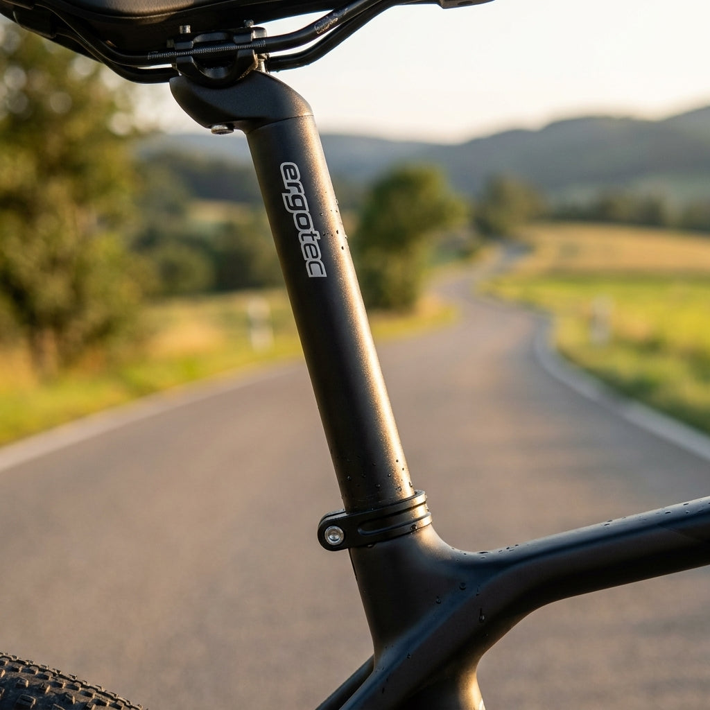 Ergotec Patentsattelstütze Alu Ø 25,0mm 350mm schwarz am Fahrrad auf einer Landstraße.