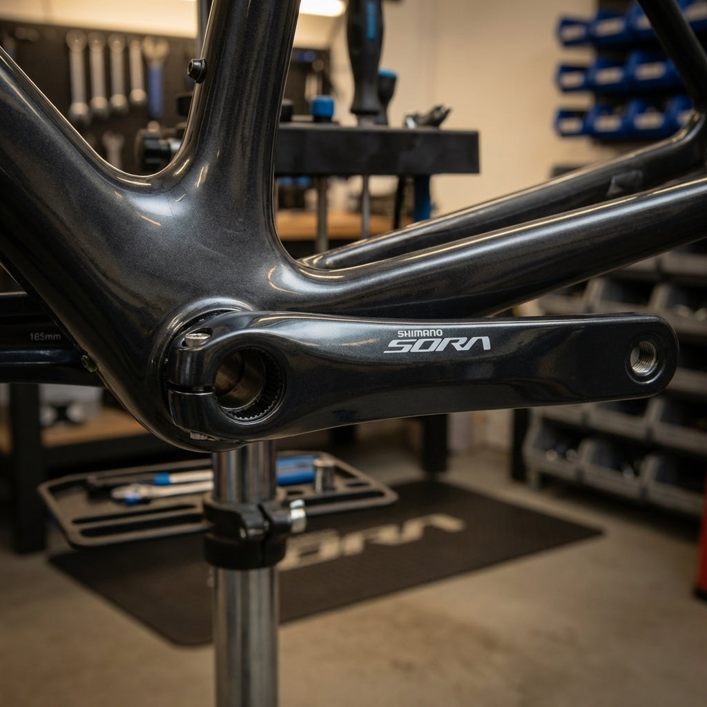 SHIMANO Sora linker Kurbelarm FC-R3000, 165 mm, glänzend dunkelgrau, am Fahrradrahmen in Werkstatt montiert.