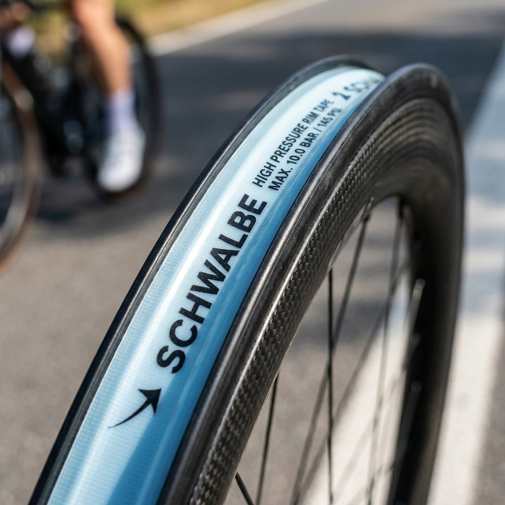 Blaues Schwalbe TPU SUPER HP Felgenband 20-622 auf Carbon-Fahrradfelge, leichter robuster Felgenschutz.