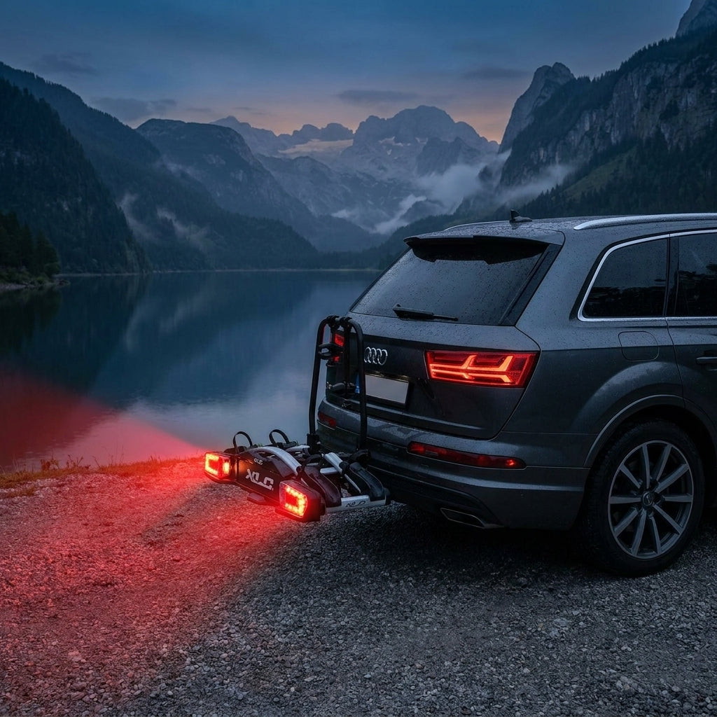 XLC LED Beleuchtung CC-X19 am XLC Azura/Almada Fahrradträger an Audi Heck vor See & Bergen bei Dämmerung.