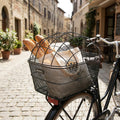 Schwarzer Basil Drahtgitter Fahrradkorb Pasja mit Baguettes am Rad in Gasse.