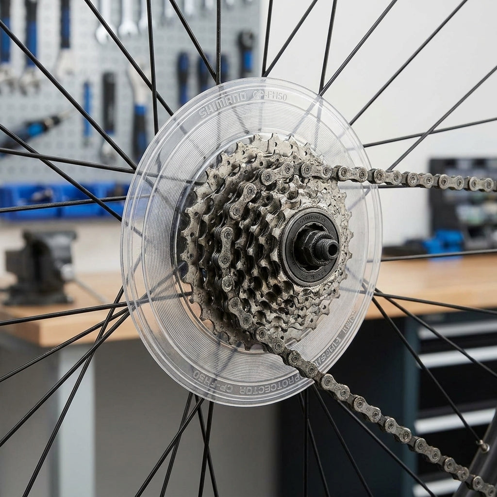 SHIMANO Speichenschutzscheibe CP-FH50 150mm (28-30 Zähne) auf Fahrrad-Hinterrad mit Kassette und Kette.