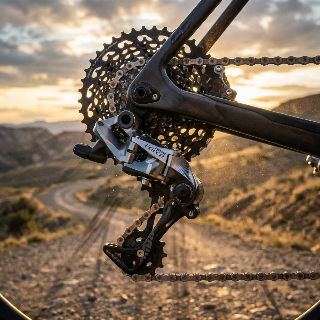 SRAM Force 1 Schaltwerk 42T für präzise 1x11-Schaltung. Fahrrad auf Schotterstraße im Sonnenuntergang.
