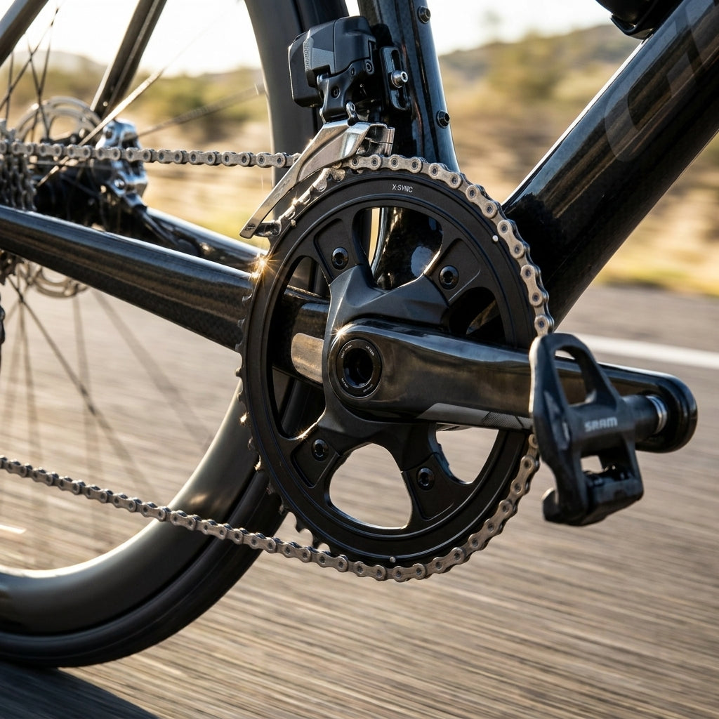 Schwarzes SRAM X-Sync 42T 12-fach Kettenblatt am Rennrad-Antrieb in Bewegung auf der Straße.