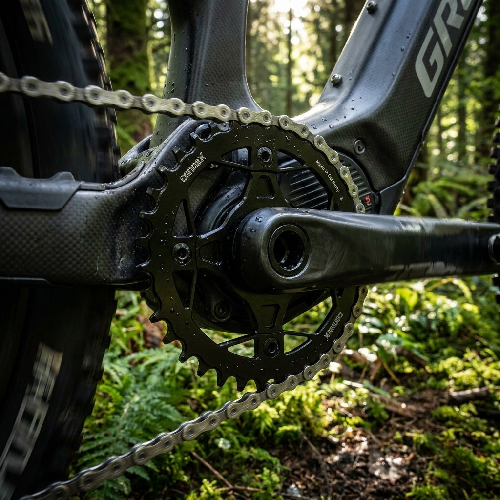 ConneX E-Bike Kettenblatt 42 Zähne Narrow Wide für präzise Schaltleistung, mit Kette am E-MTB im Wald.