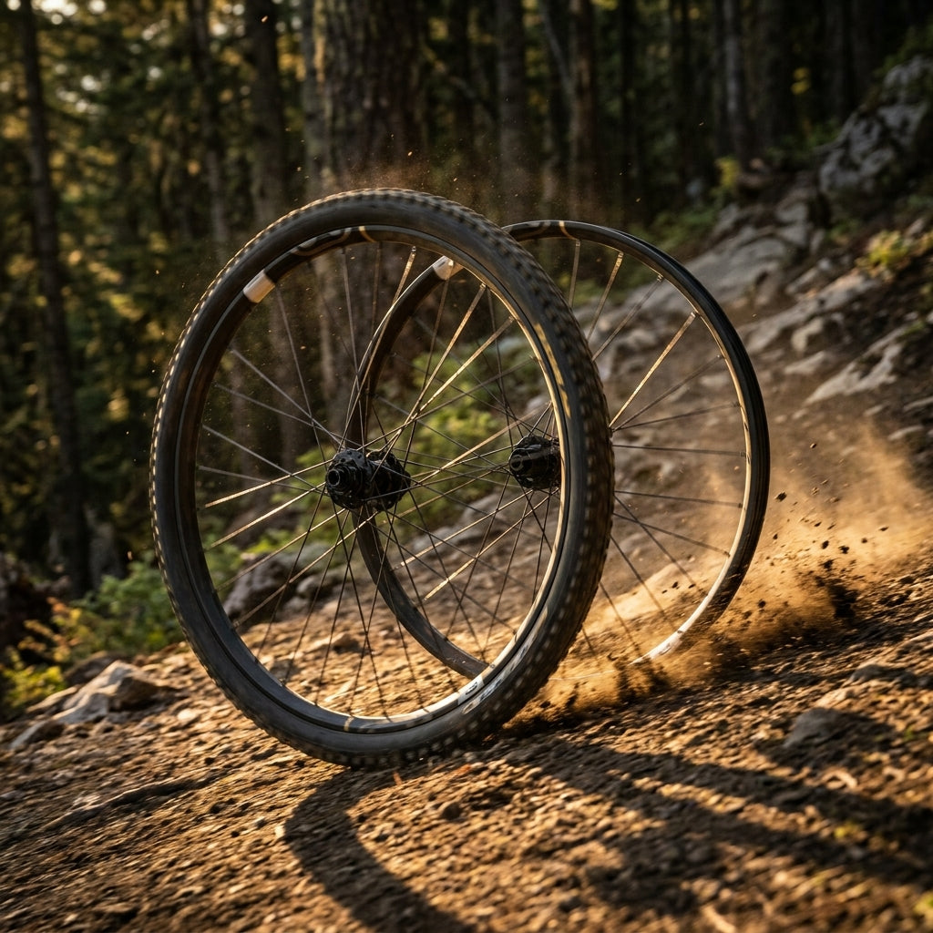 Crankbrothers Synthesis Carbon E-Bike Laufradsatz 29 Zoll auf staubigem Mountainbike-Trail, Staub fliegt auf.