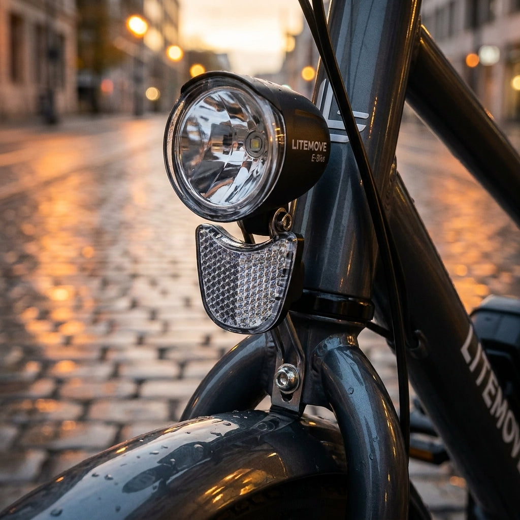 LITEMOVE StVZO-K Retro Reflektor für E-Bike Scheinwerfer am Fahrrad. Detailaufnahme im Abendlicht.