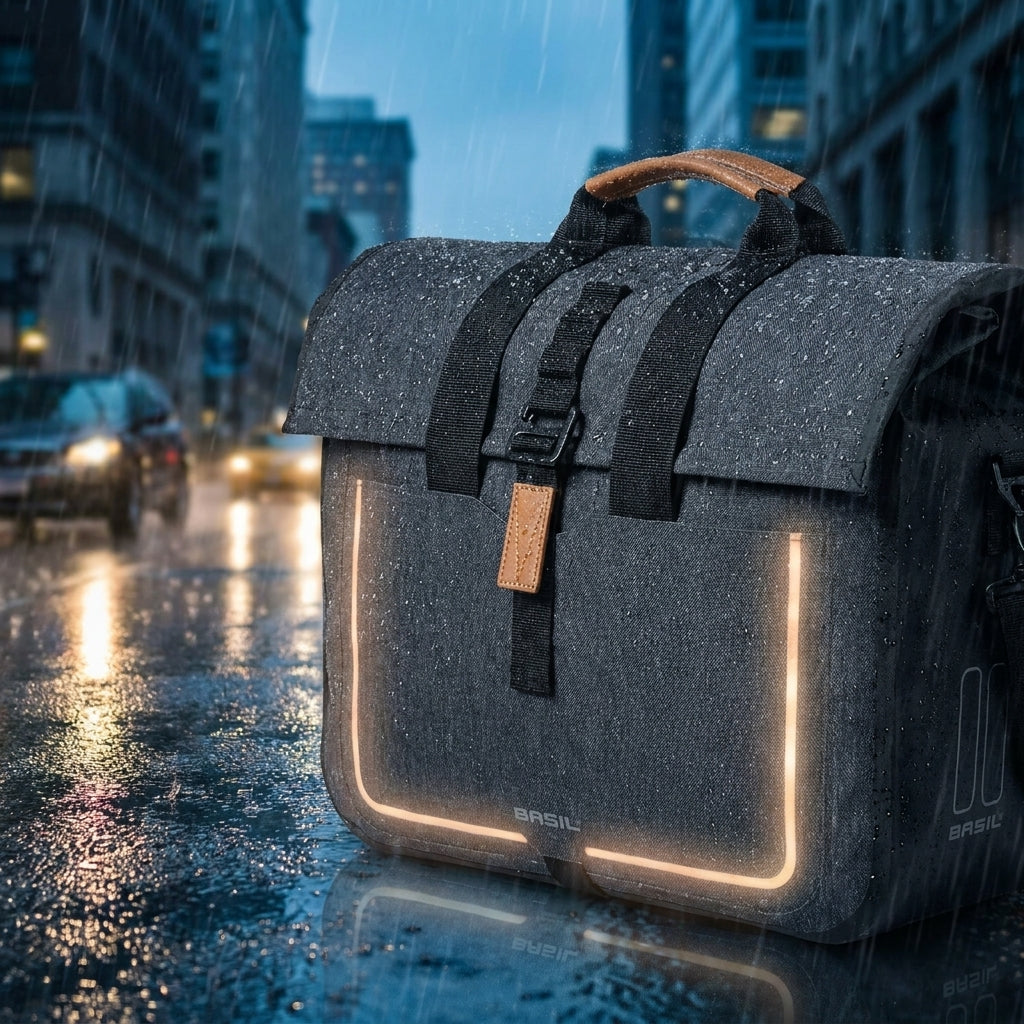 Basil Urban Dry Business Fahrradtasche wasserdicht in Anthrazit mit Leuchtstreifen bei Regen auf nasser Straße.