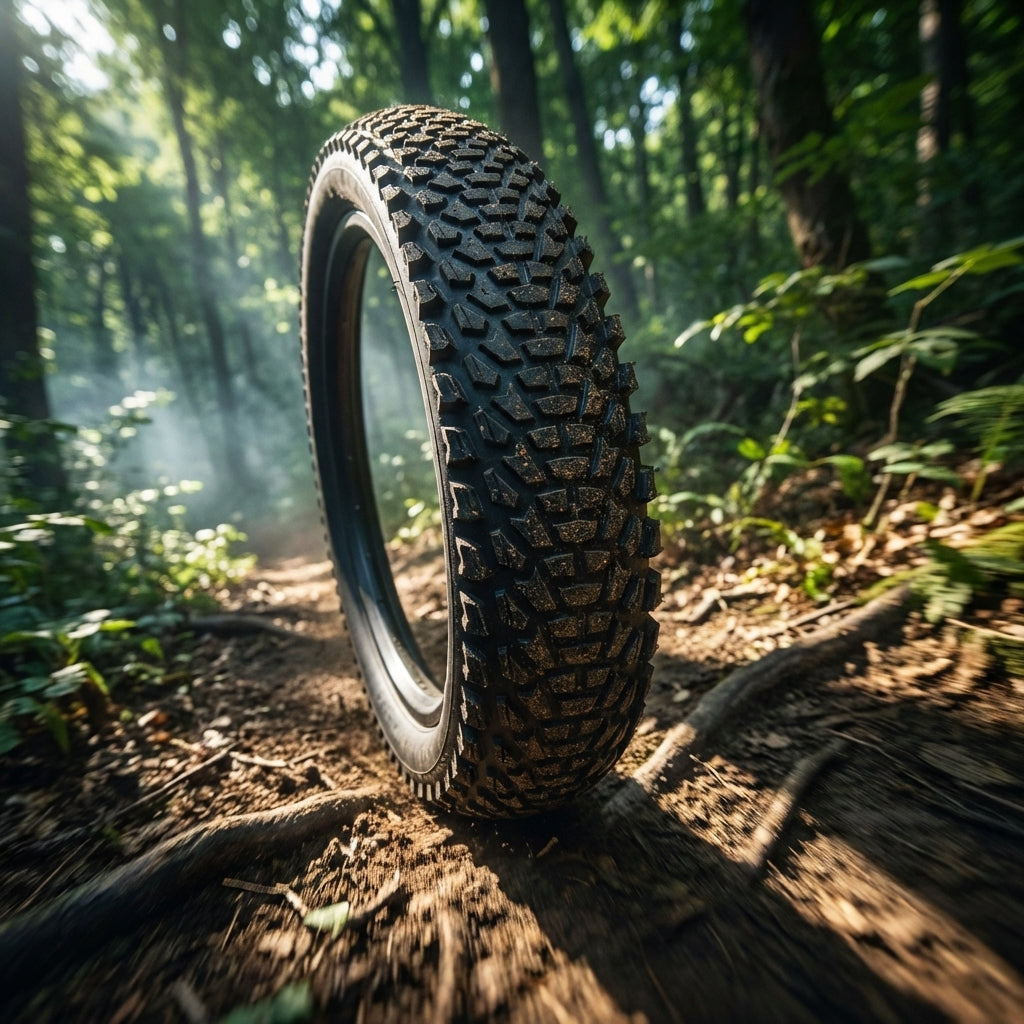 Mitas Cheetah R15 Pre Classic Fahrradreifen, schwarz, mit grobem Profil auf einem schlammigen Waldweg.