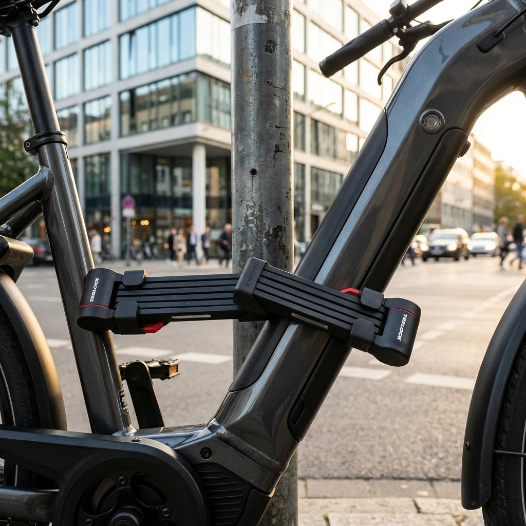Trelock Faltschloss FS 480 TWIN sichert E-Bike an Laternenpfahl in der Stadt.